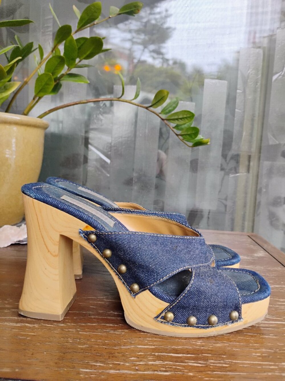 Splash Denim Vintage Y2K Platform Sandals Chunky Retro Block Wood Heels 8M